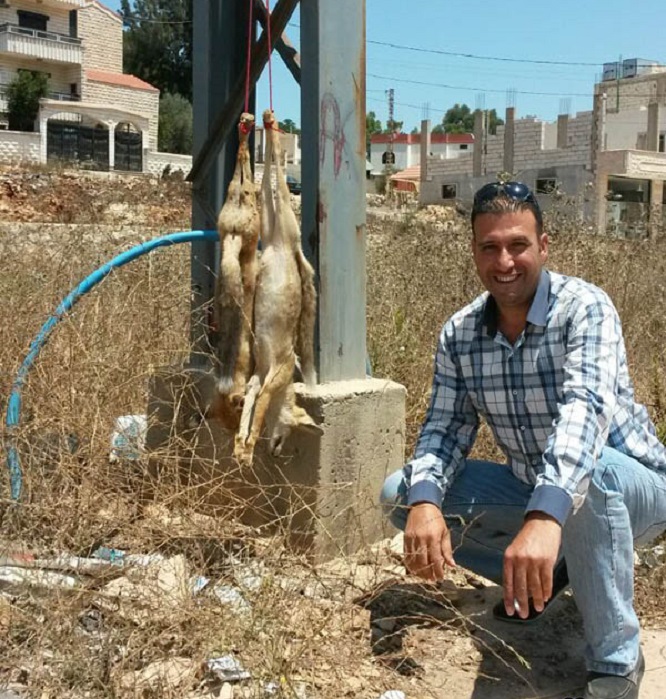 عمران ابراهيم والثعلبين بعد أن  عمد الى تعليقهما عى عامود كهربائي