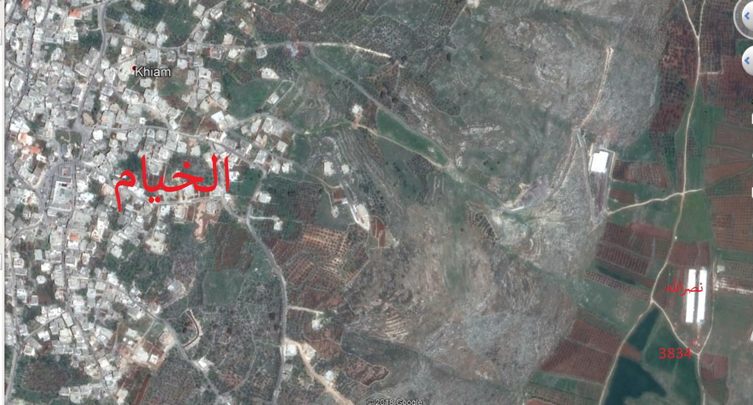 صورة جوّية لشرقي للخيام حيث العقار 3834 ومزرعة السيد أحمد نصرالله