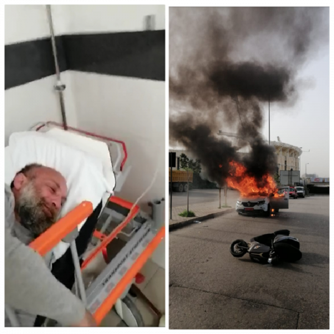 صورة مركبة تظهر سليم وسيارته المحروقة.