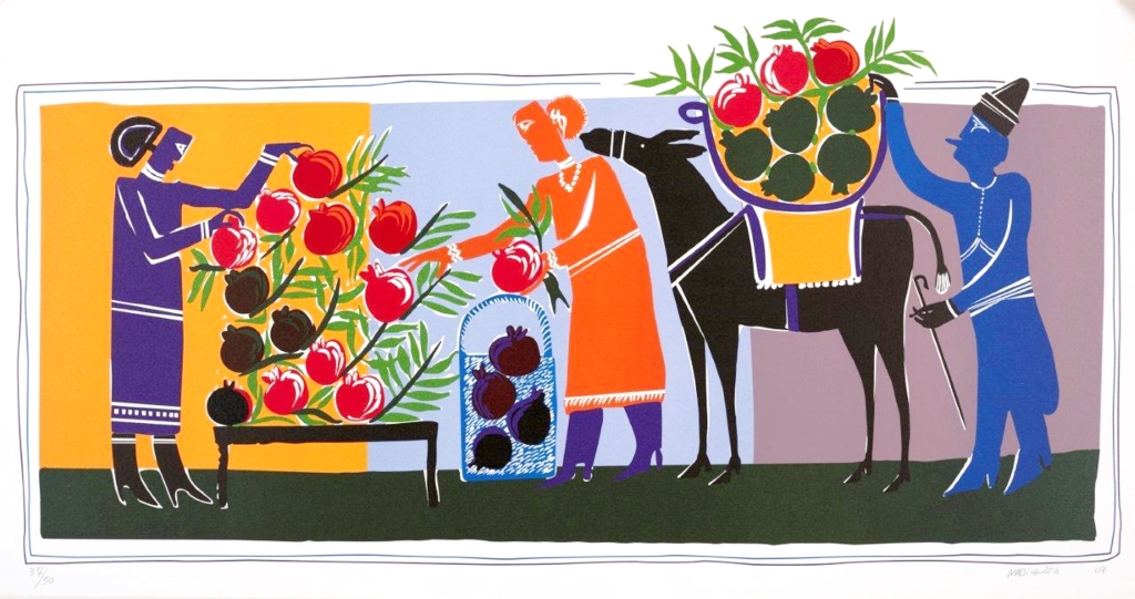 حسين ماضي ـ «موسم الرمّان» (طباعة بالحفر ـــ 50 × 95 سنتم ـ 2003)