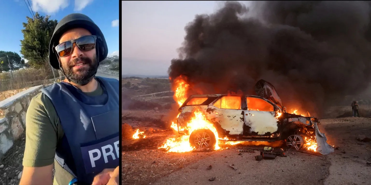 الصحفي عصام عبدالله الذي كان يعمل مع وكالة رويترز يظهر في فيديو ذاتي في 13 تشرين الأول/ أكتوبر 2023 في اليوم والموقع الذي استشهد فيه في جنوب لبنان من جراء هجوم إسرائيلي بقذيفة دبابة عبر الحدود، وقد أدى الهجوم إلى إصابة ستة صحفيين آخرين بجراح